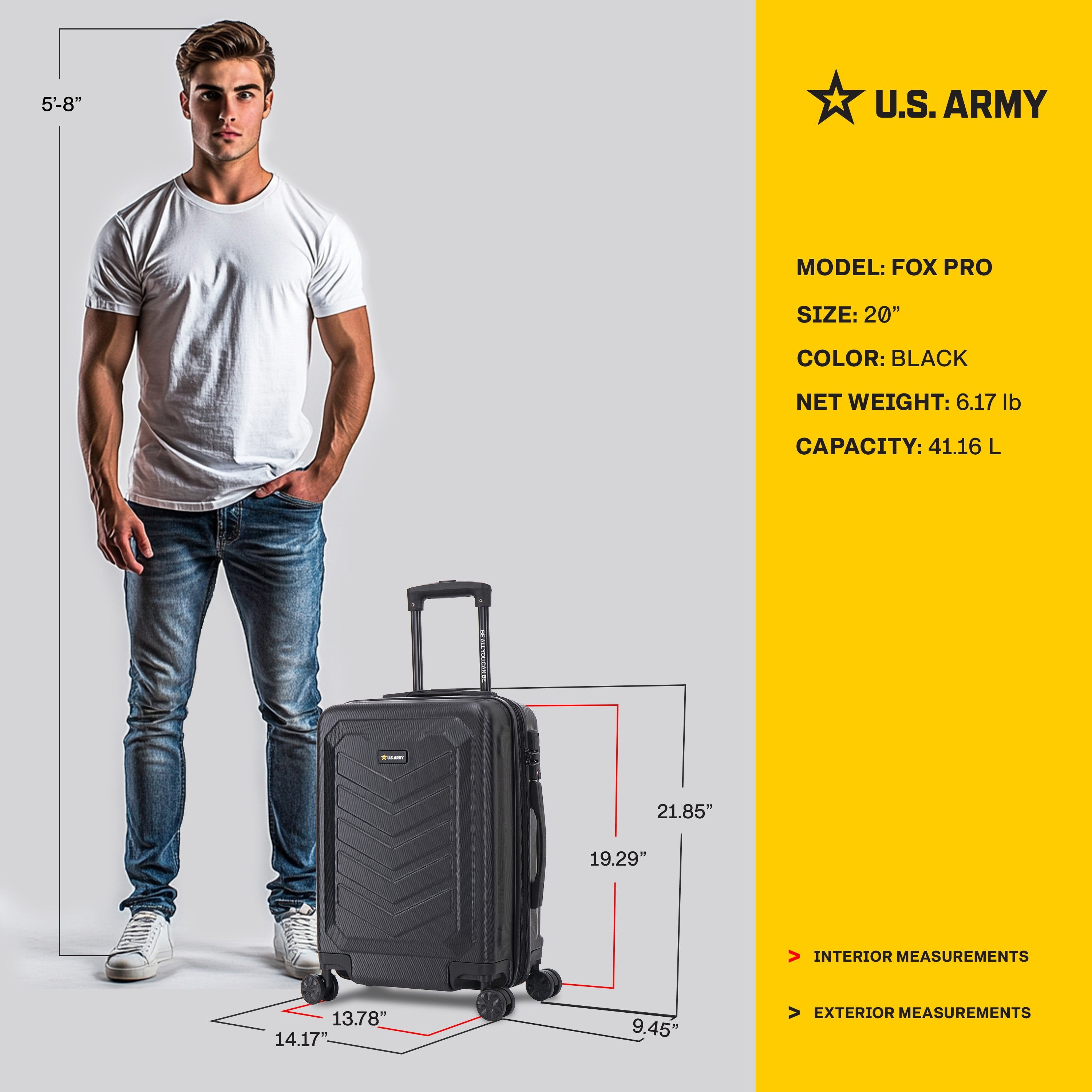 US ARMY FOX PRO 20" Expandable Carry-On Suitcase with TSA Lock Black