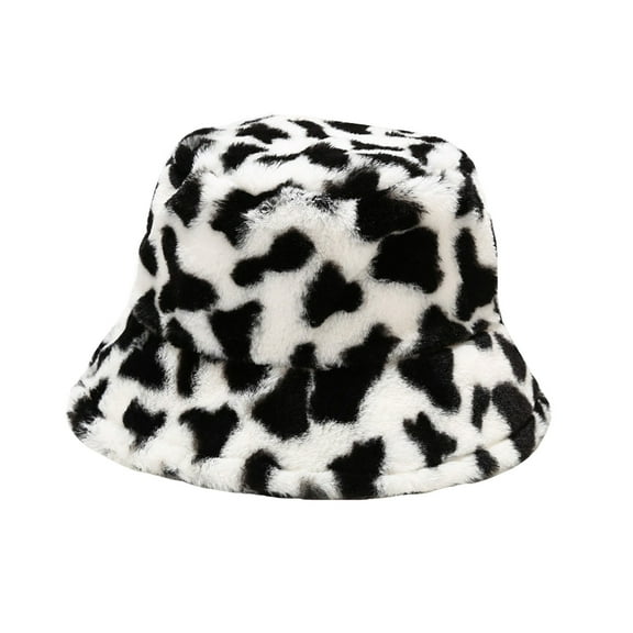 Cotonie Women's Autumn and Winter Fashion Cow Print Basin Hat Plush Fisherman Hat Warm Hat