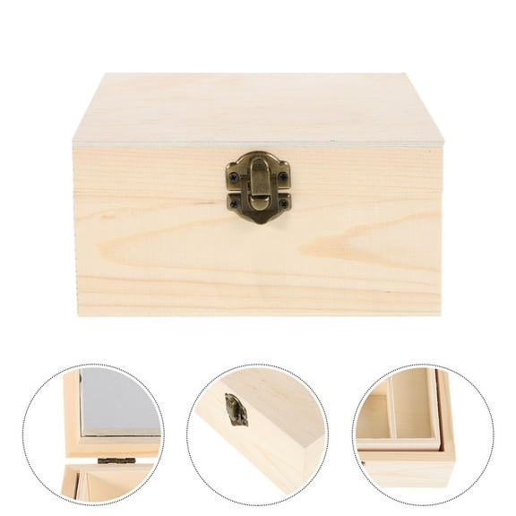 Hemoton  Wood Chest with Glass Mirror Wooden Storage Case Travel Beige