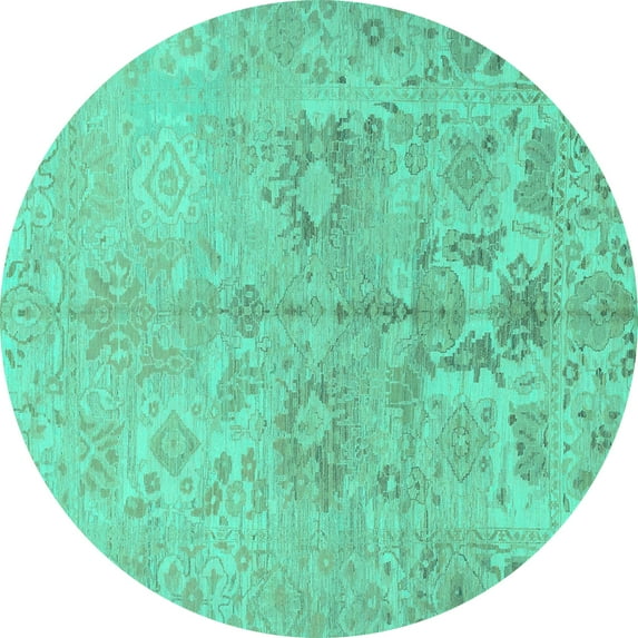 Ahgly Company Machine Washable Indoor Round Oriental Turquoise Blue Traditional Area Rugs, 6' Round
