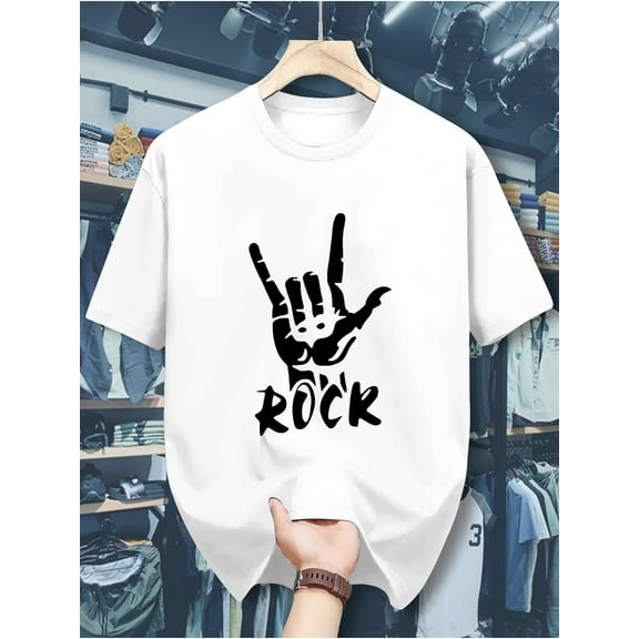 Rock Gesture Graphic T-Shirt for Men, Casual Crew Neck Short Sleeve Polyester Tee with Slight Stretch, Geometric Pattern Heat Transfer Print - Summer Wear