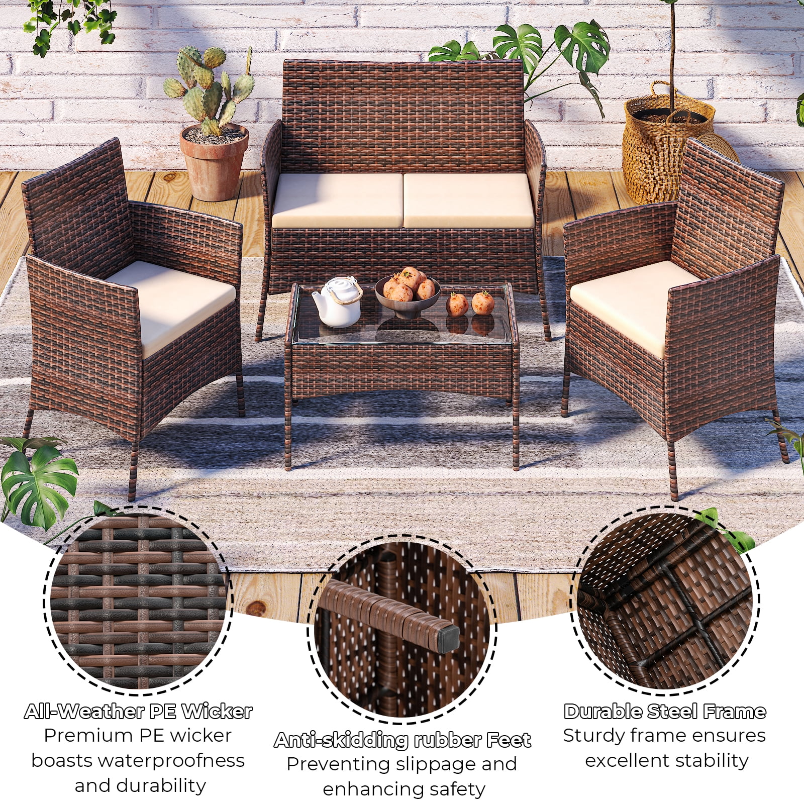 Zimtown 4-Piece Outdoor Wicker Conversation Set, Rattan Sofa Furniture for Garden Patio, Rattan Furniture for Outdoor and Indoor, Brown