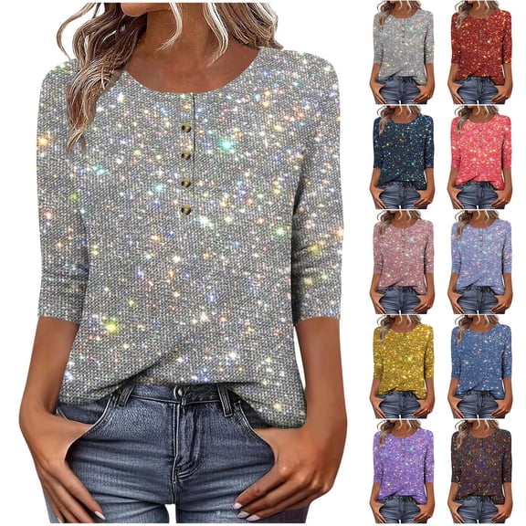 YanHoo Women’s Plus Size Shirts Sparkly 3/4 Sleeve Sequin Blouses Loose Fit Tunic Tops Summer Outdoor Party T-Shirts