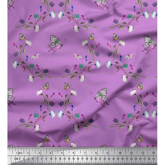 Soimoi Cotton Poplin Fabric Butterfly & Wildflower Floral Printed Craft Fabric by the Yard 56 Inch Wide