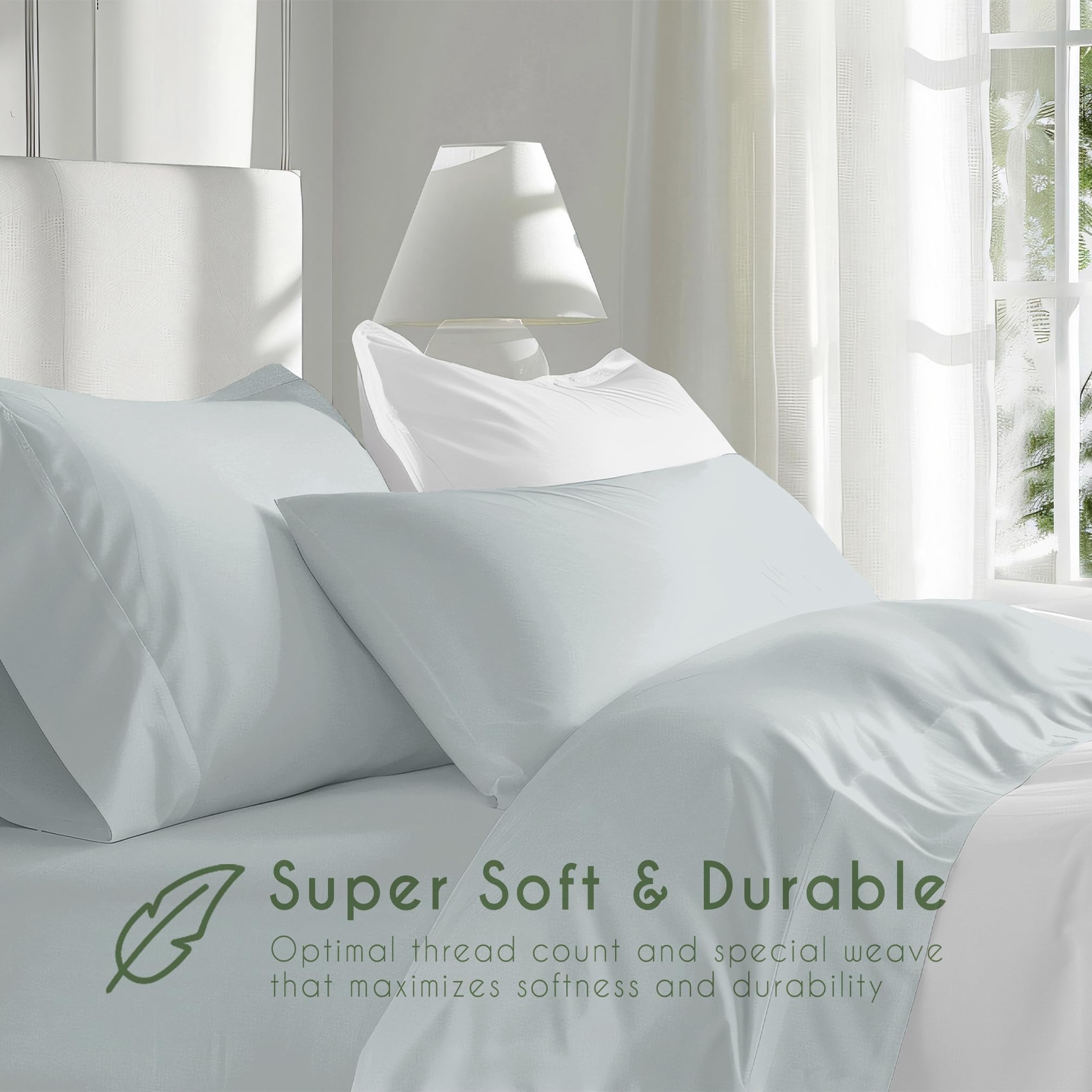 Bamboo Fiber Sheet Set Queen, Rayon from Bamboo Luxury Bedding, 3° Cooler Than Cotton, Silky Smooth & Durable, Deep Pocket Fitted, Sea Glass