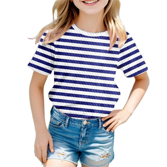 Glisme Boys Graphic Tees Unisex Striped Short Sleeve T Shirt Colorful Party Top For Kids Dark Blue Tops Size 140