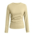 thumbnail image 3 of Htigea Women's Long Sleeve Shirts Solid Color Slim Fit Frill Tops Basic Crewneck Pullover Y2k Tees Khaki S, 3 of 7