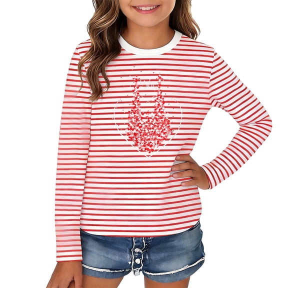 lnmuld Girls Cute Summer Tops Long Sleeve Carnival Stripe Tee Colorful Festival Party Top Comfortable Casual Blouse for Kids Color:Red,Size:7-8 Years