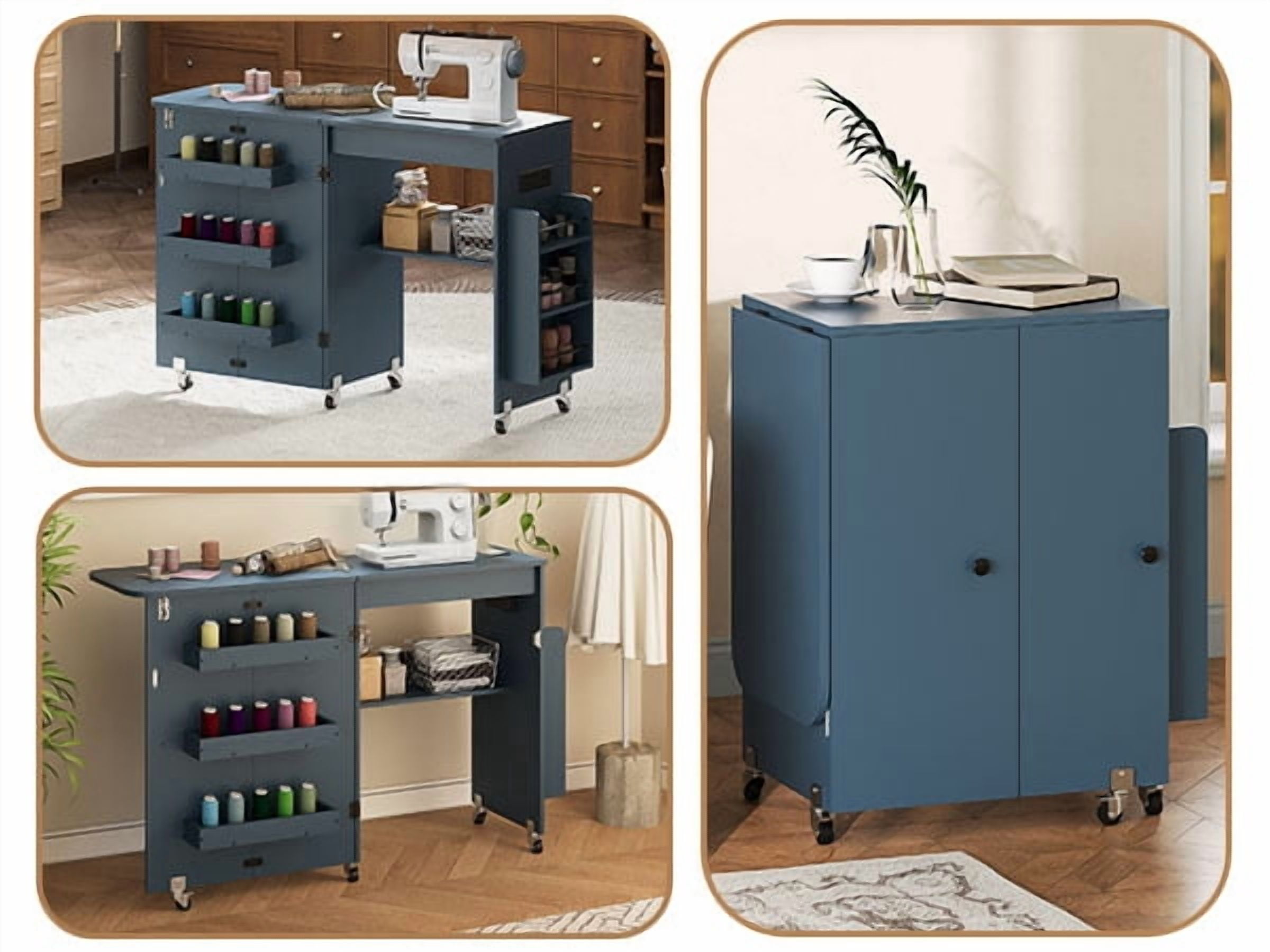 WARAYZ Foldable Space-Saving Sewing Table with Storage, Power Outlet, 6 Side Trays & Open Shelf, Lockable Wheels, Blue, 1 Count