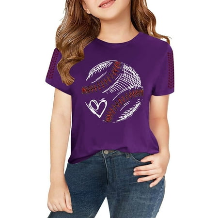 XIMIN Boys Baseball Graphic Short Sleeve Shirt - Crewneck Casual Kids Top Pullover Tee T-Shirt with Stitch Sleeve Detail Summer Wear (Purple 12-13 Years)