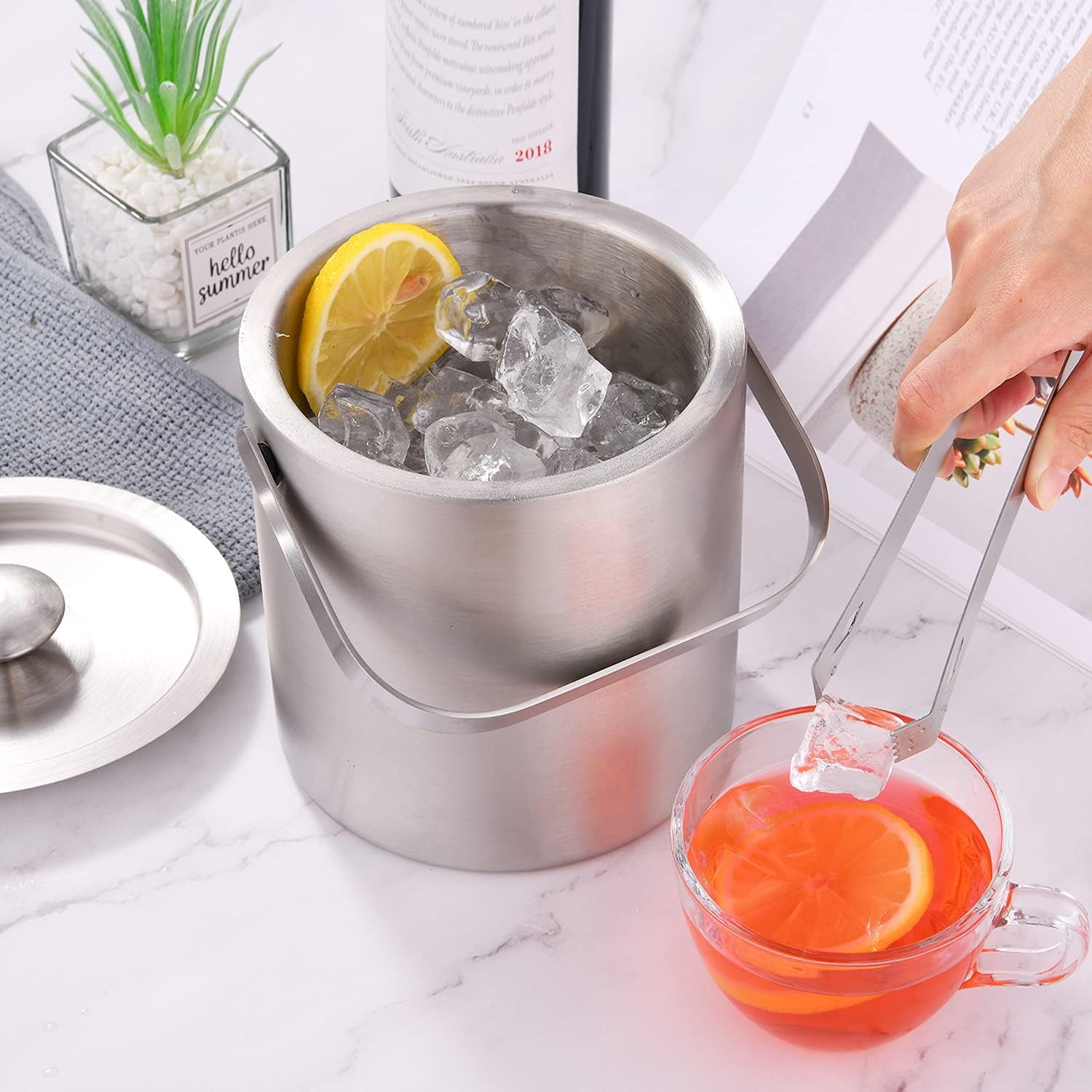Stainless Steel Ice Bucket - 1.3L Double-Wall Insulated Ice Buckets for Parties with Lid, Large Champagne Wine Drink Container Holder, Ideal for Freezer Cocktail Home Bar Accessories