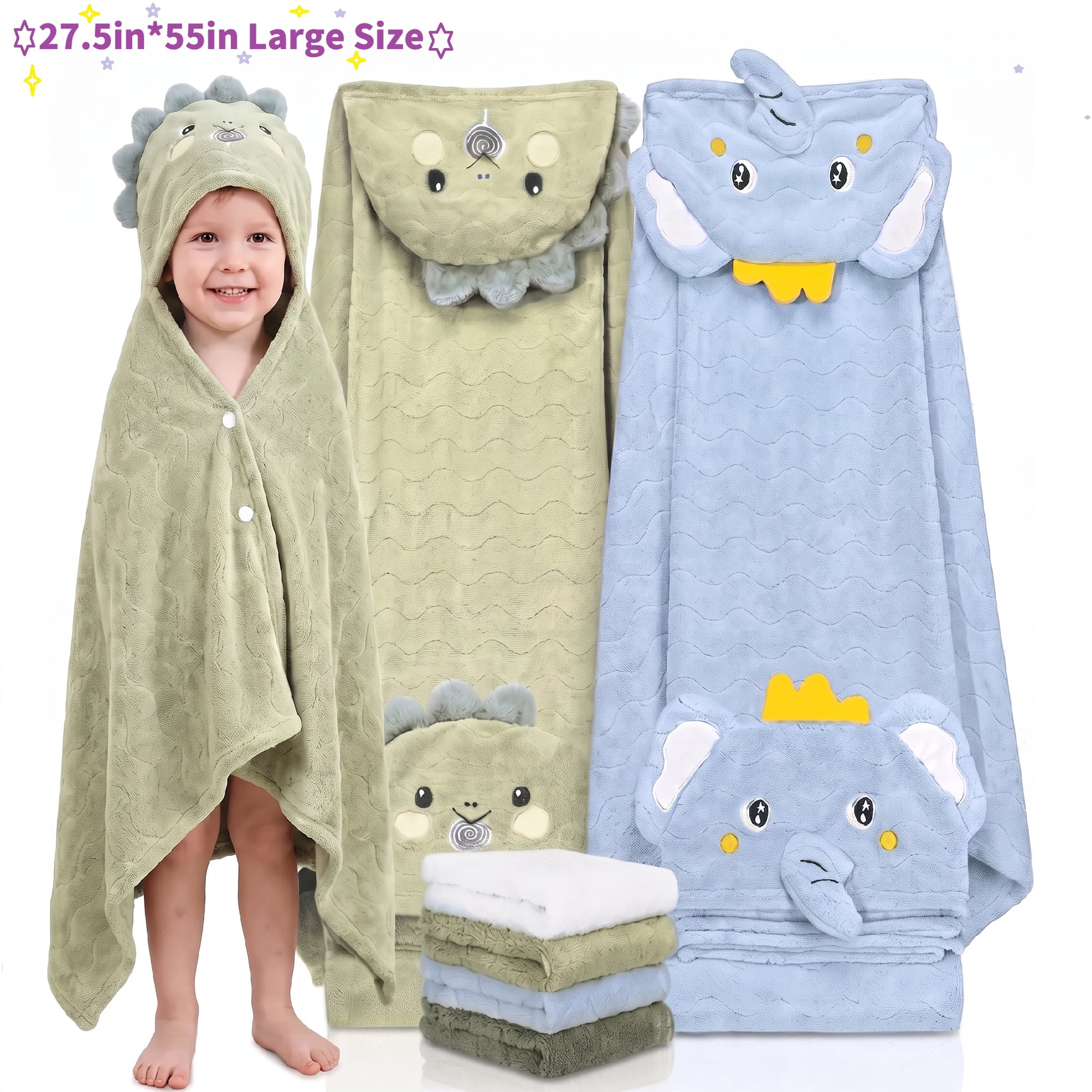 6 Pcs Toddler Bath Towel Set for Boy Girl 0-5 Year, 2 Thick Absorbent Hooded Baby Bath Towels Large 55" x 27.5" & 4 Washcloths, Gifts for Infant, Toddler, Kids, Dinosaur & Elephant
