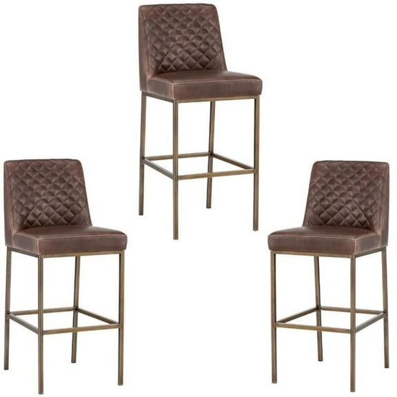 Home Square 3 Piece Transitional Faux Leather Barstool Set in Brown/Brass