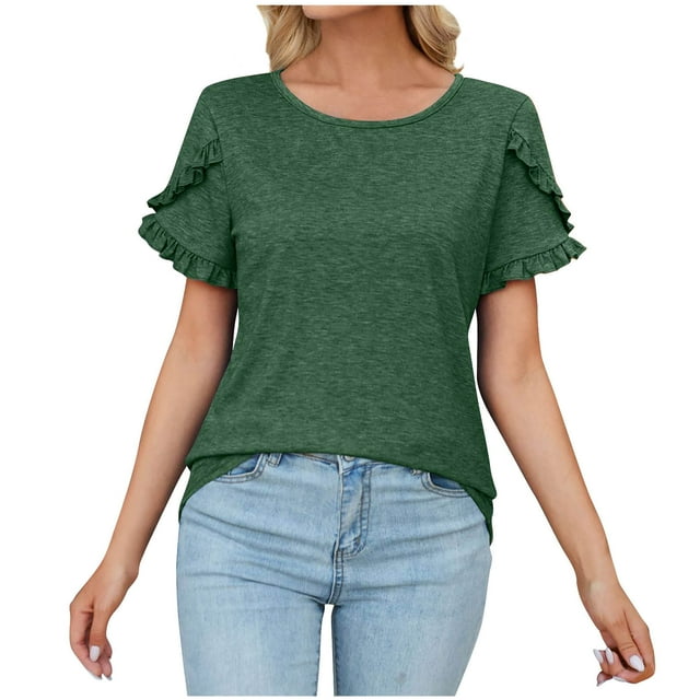 Timegard Summer Tops for Women Round Neck Ruffle Short Sleeve Solid Color Blouse Comfy Casual Loose Tops