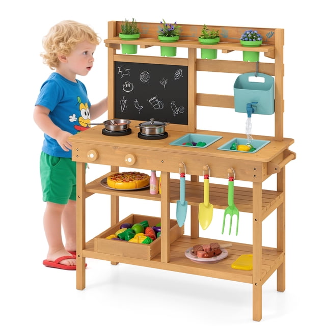 Gymax Kids Mud Kitchen w/Faucet Removable Sinks Chalkboard Stovetops Rotation Knobs