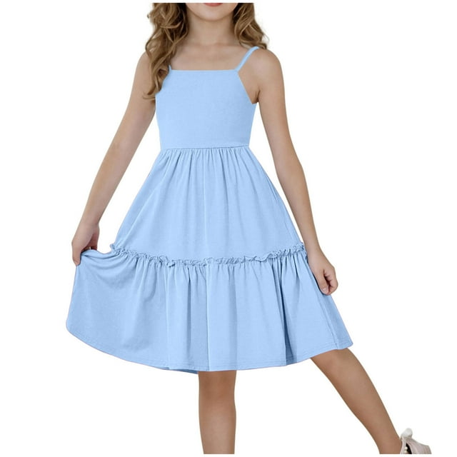 DecSea Girls Tie Back Dress Spaghetti Strap Ruffle Hem Casual Summer Beach Sundress with Pockets