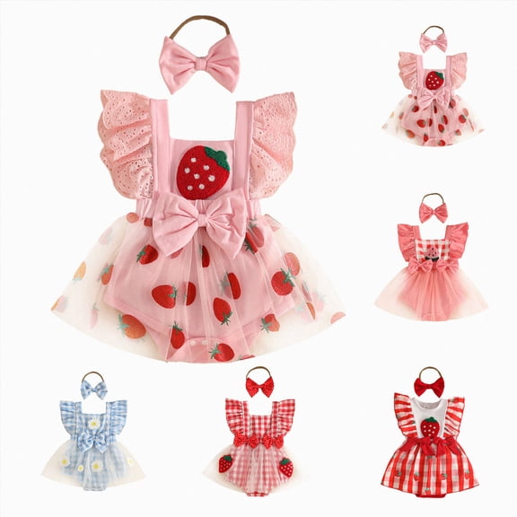 YDFCWXW Baby Girl Strawberry Romper Dress Ruffle Sleeve Tulle Tutu Romper Bodysuit Newborn Birthday Cake Smash Outfit (Red, 6-12 Months)