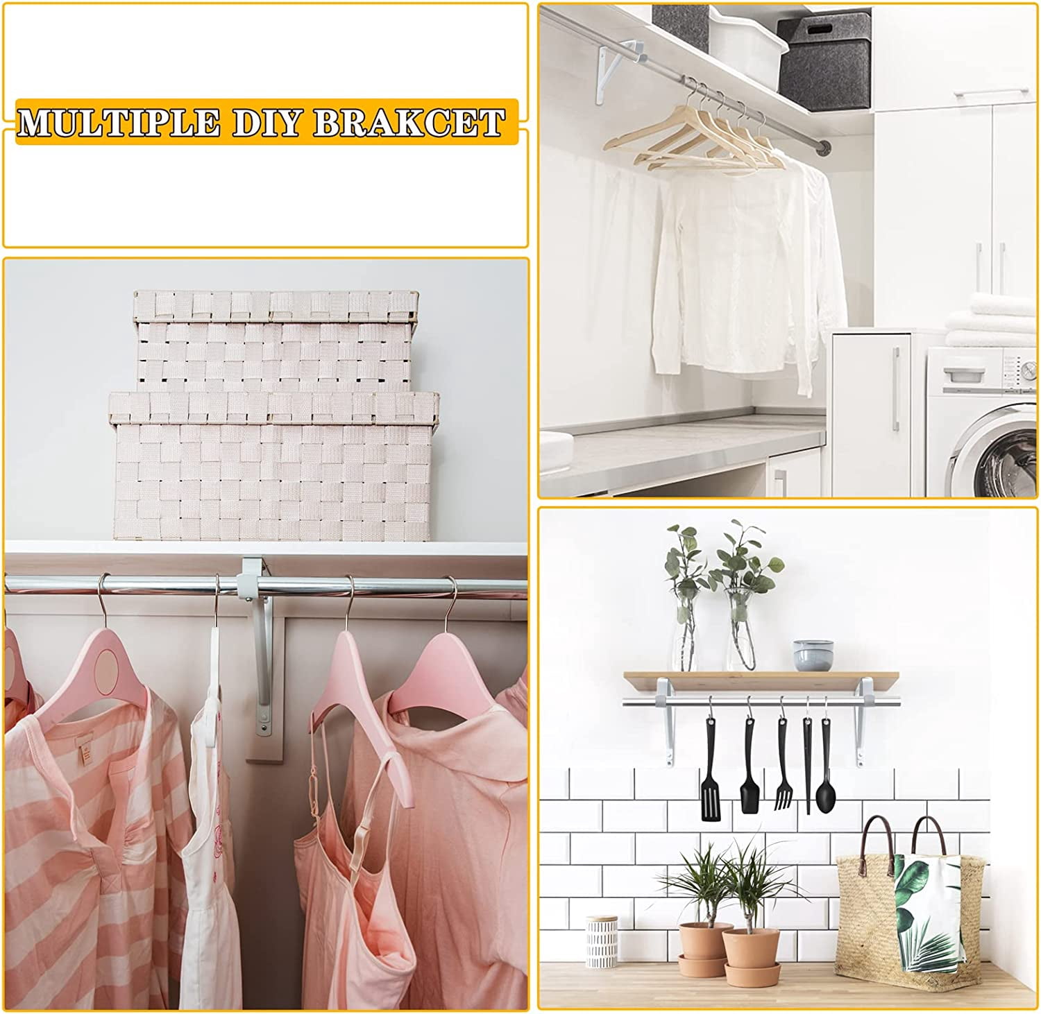 KOLAKO Closet Rod Brackets, Heavy Duty Shelf Brackets, Wall Mounted Metal Clothes Hanger Pole Support Hooks,10.9X 10.2 inch, 2 Pack, White