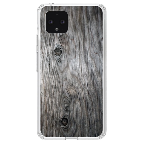 DistinctInk Clear Shockproof Hybrid Case for Google Pixel 4 XL (6.3" Screen) - TPU Bumper, Acrylic Back, Tempered Glass Screen Protector - Grey Weathered Wood Grain Print - Printed Wood Grain Image
