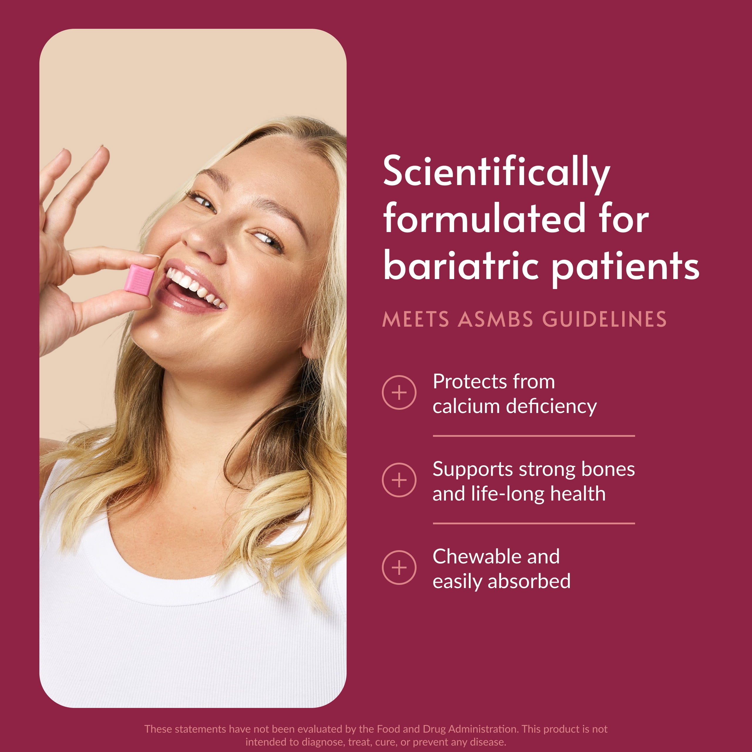 Bariatric Advantage Calcium Citrate Chewy Bites 500 mg - for Bariatric Surgery Patients - Vitamin D3 - Sugar-Free Chewable Calcium Supplement - Bariatric Chews - Strawberry Flavor - 90 Count