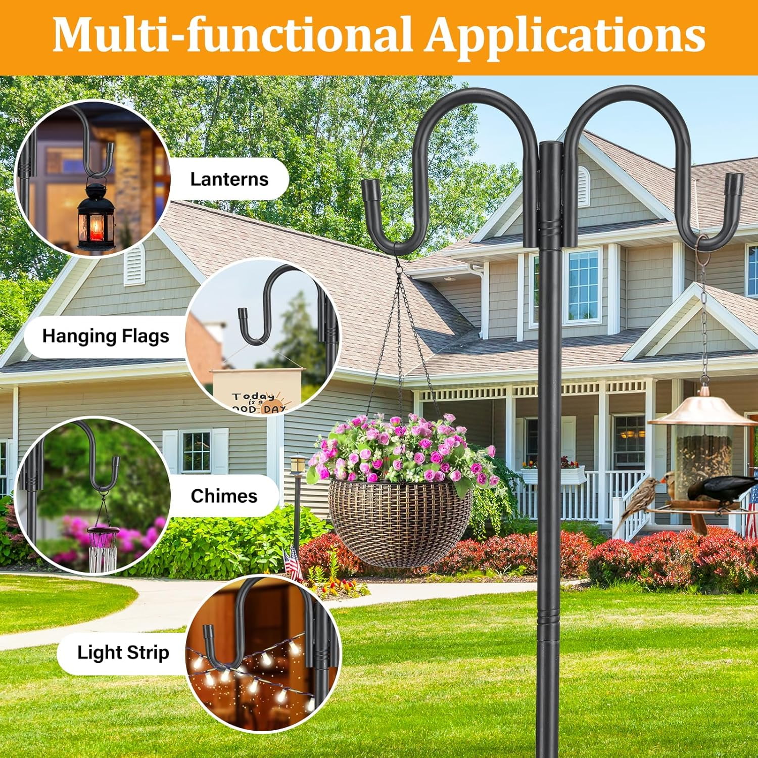 LCOKEIY 94 inch Double Shepherds Hook for Bird Feeder, Bird Feeder Poles for Outdoors