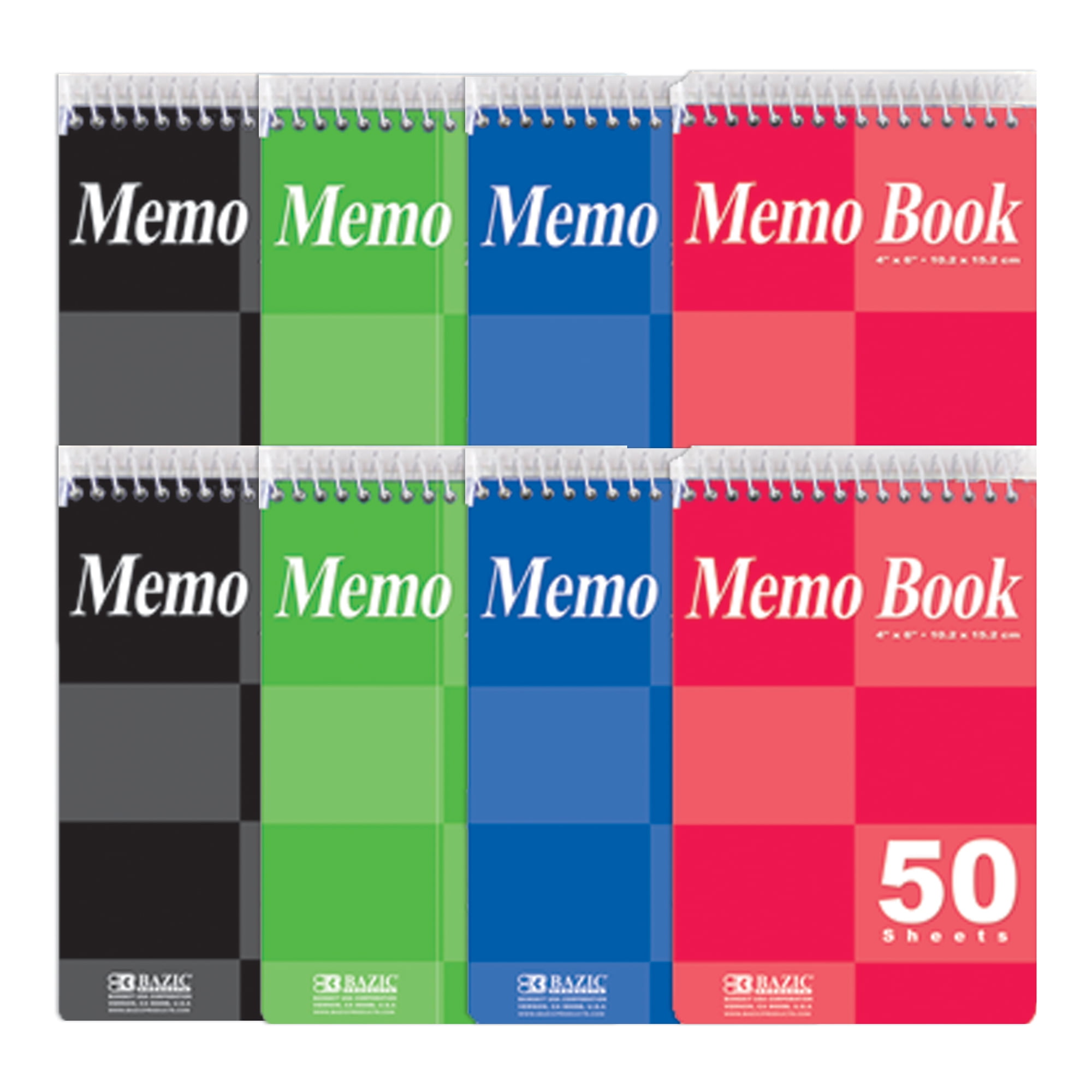 BAZIC Top Bound Spiral Memo Books 4"x6", 50 Sheets, Assorted Color, 8