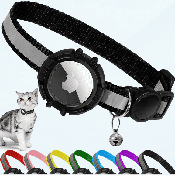 Airtag Cat Collar Breakaway, Reflective Kitten Collar with Apple Air Tag Holder and Bell, Lightweight Tracker Cat Collars for Girl Boy Cats, Kittens, Puppies (Black, XS)