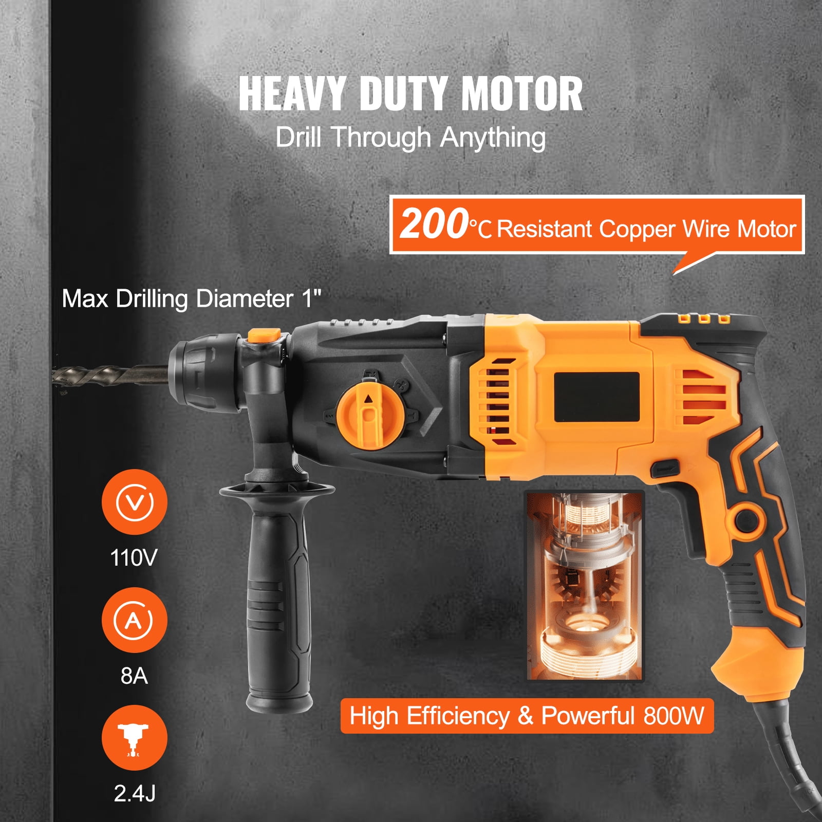 SKYSHALO 1 Inch SDS-Plus 8 Amp Heavy Duty Rotary Hammer Drill, Safety Clutch 4 Functions with Vibration Control Including Grease, Chisels and Drill Bits with Case