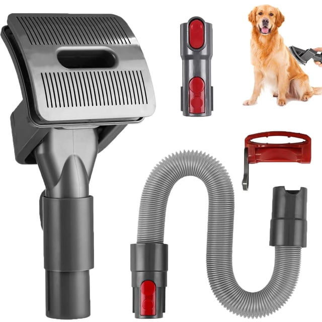 cepillo quita pelo de mascotas con manguera y adaptador dyson v15 v12 v11 v10 v8 v7 accesorios para Kit de Cepillo para Mascotas YRHSAV Gris, cabeza de cepillo frontal gris con ranuras, tubo flexible corrugado gris y adaptadores con broches rojos, seguro de gatillo y soporte rojo; diseñado para desenredar pelo de perros y gatos y microagujas suaves según especificación; dimensiones 27.7 x 24.4 x 8.9 cm; también suele usarse para limpiar tapicería pequeña.