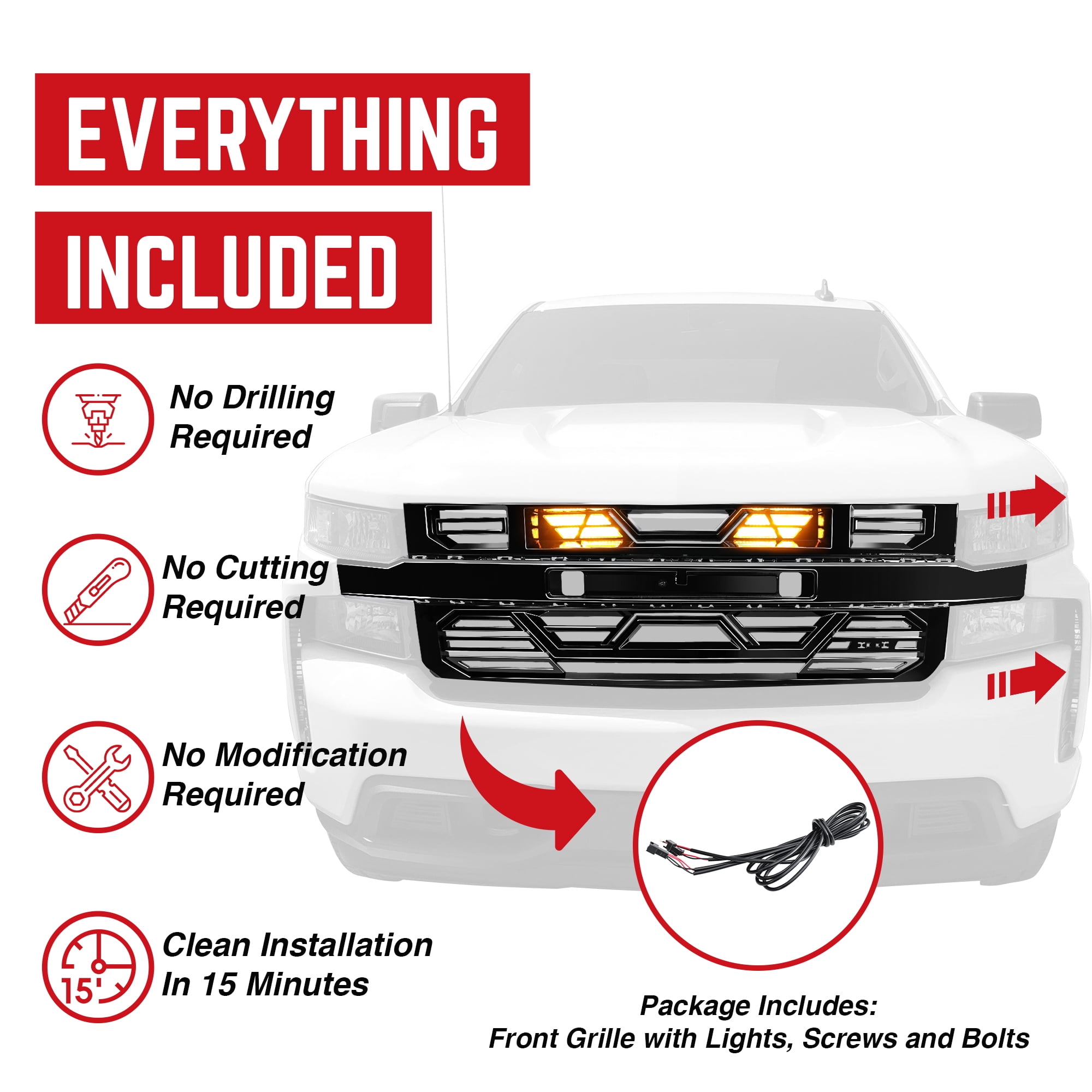 AMERICAN MODIFIED Grille w/LEDs for 19-21 Chevy Silverado 1500, Gloss Black