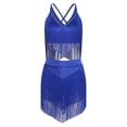 thumbnail image 2 of YiZYiF Women Fringe Latin Salsa Dance Dress Set V-Neck Crop Top with Tassels Skirt Belly Dancewear Blue S, 2 of 7