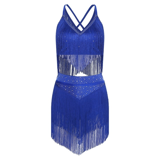 CHICTRY Costume de Danse Latine pour Femme Costume de Performance Tenue de Danse Salsa à Franges Tenue de Danse de Salon Bleu P