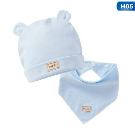 

HitUpon 2Pcs/Set Newborn Baby Soft Cotton Cap Warm Hat Beanie with Ears Triangle Towel Scarf Bib Kit for Boys and Girls