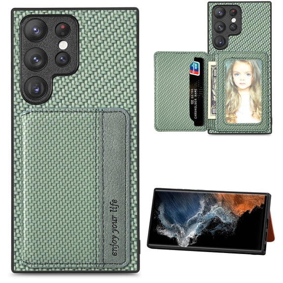 SaniMore for Samsung Galaxuy S24 Ultra (6.8" 2024) Case, PU Leather Carbon Fibre Pattern, Flip Wallet Card Slots RFID Blocking Magnetic Car Mount Shockproof Anti-fall Protective Shell, Green