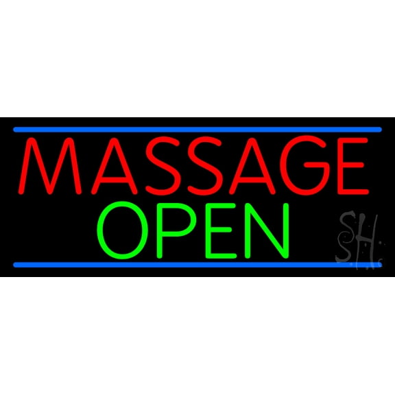 Massage Open LED Neon Sign 13 x 32 - inches, Black Square Cut Acrylic Backing, with Dimmer - Bright and Premium built indoor LED Neon Sign for Spa interior decor and storefront.