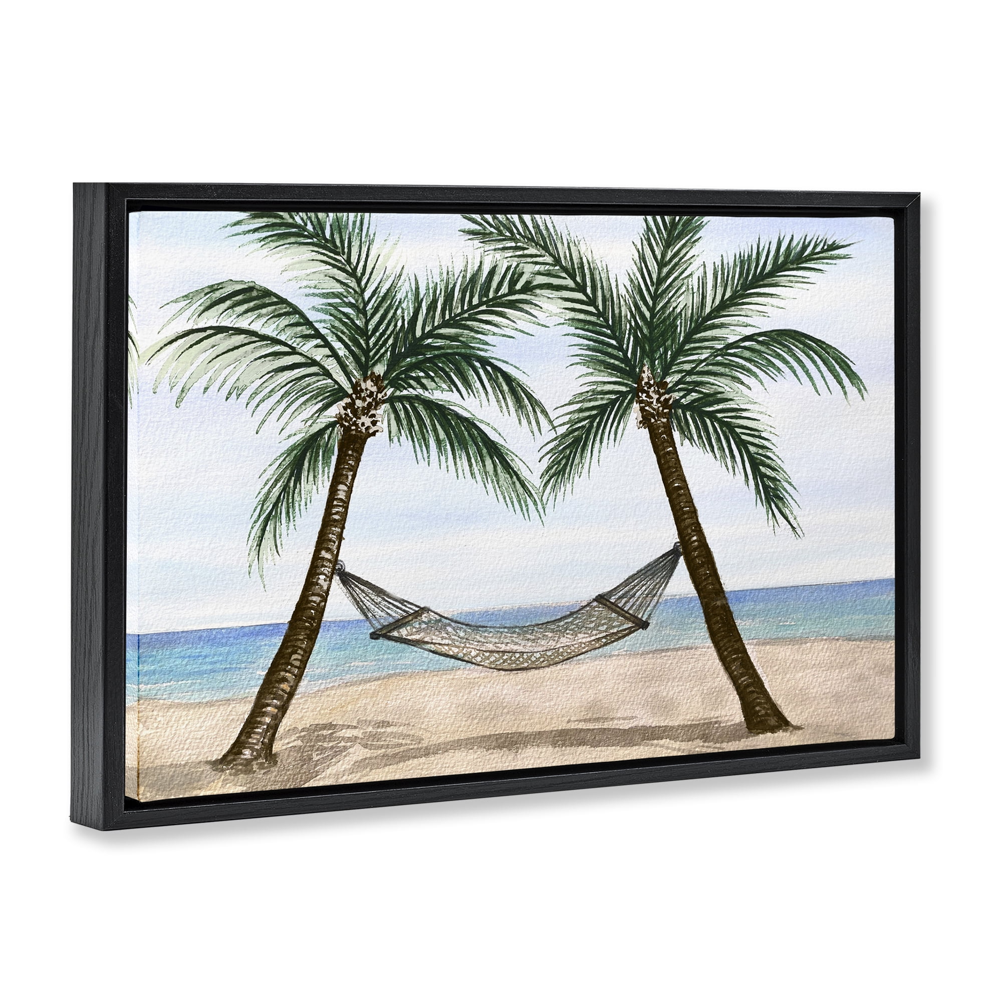 Stupell Industries Hammock Between Palms Landscape Painting Black Floater Framed Canvas Art Print Wall Art, 25 x 17