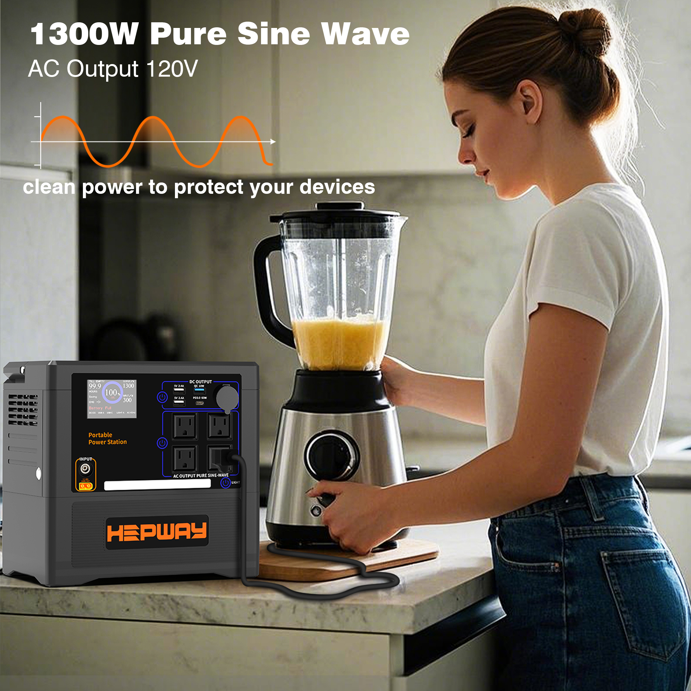HEPWAY Portable Power Station 2400W Peak, 1154Wh Lithium Battery, QC3.0 USB-C 4X120V AC Output 1300W, Support Refrigerator Mode With 4*Cooling Fans Solar Generator For Camping RV Home(No Solar Panel)
