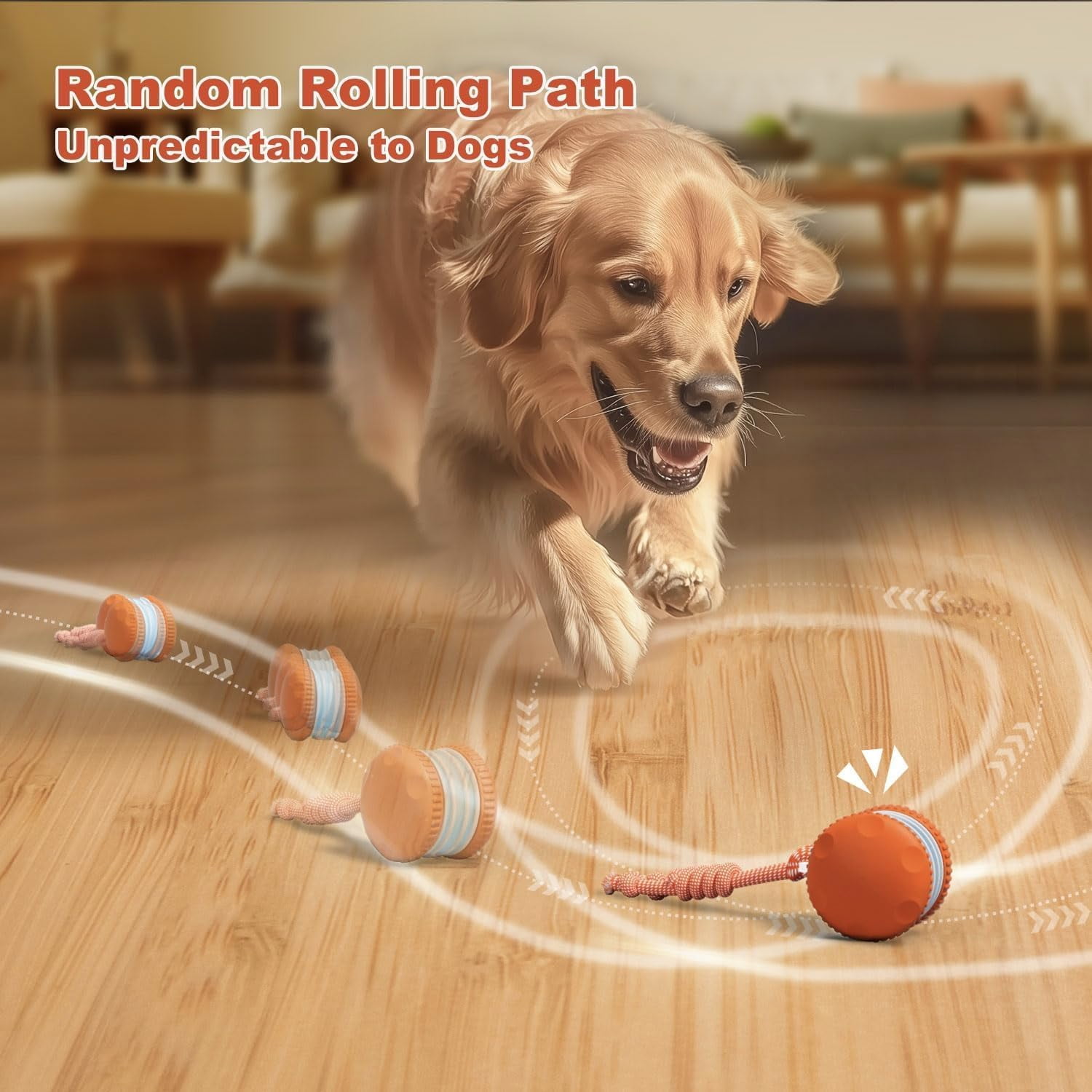Interactive Dog Toys, Random Path Electric Automatic Moving and Rolling Dogs Toy with Rope for Small Medium Large Dogs, Motion-Activated Stimulation Boredom Relief (Orange)
