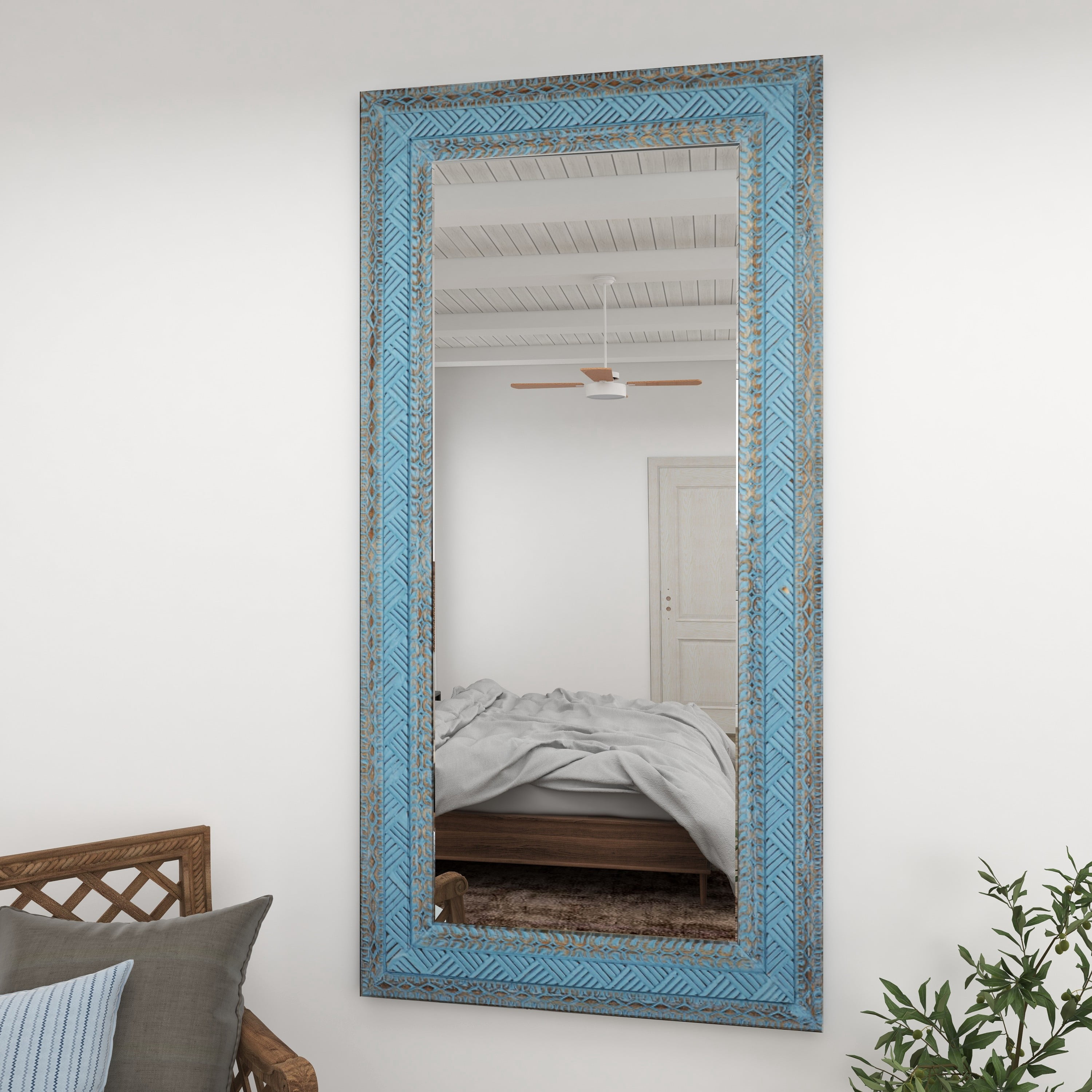 DecMode 36" x 72" Blue Carved Tribal Wall Mirror