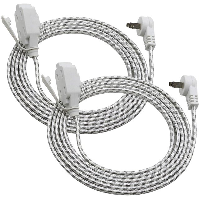 Clear Power Paquete De 2 Cables De Extensión Para Interiores De Tela De Diseño De 9 Pies Y 3 Salidas 16/2 Spt-2 Enchufe Plano Polarizado De 2 Clavijas De Perfil Bajo Tapa De Enchufe De Seguridad Inclu