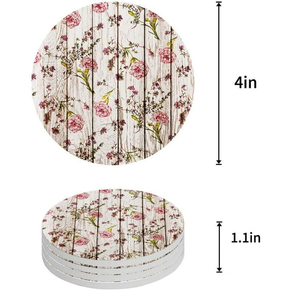FMSHPON Pink Carnation Flower on Vintage Wooden Board Set of 8 Round Coaster for Drinks, Absorbent Ceramic Stone Coasters Cup Mat with Cork Base for Home Kitchen Room Coffee Table Bar Decor