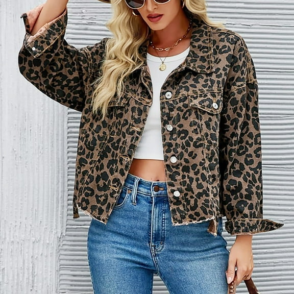 TTHXQING Cropped Denim Jacket for Women Casual leopard Jean Jackets Classic Stretch Shacket Jean Jacket for Women