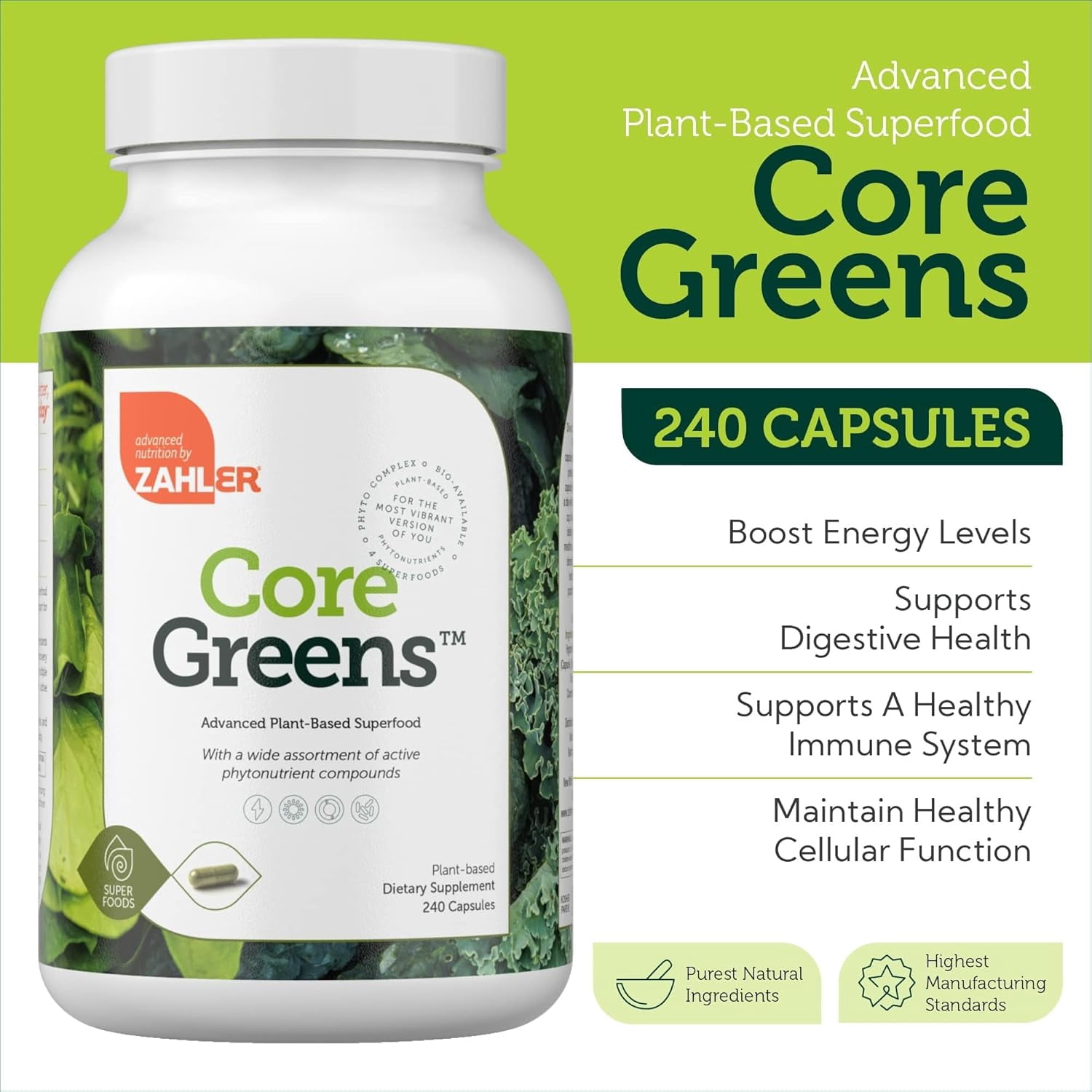 Zahler Core Greens Superfood Capsules - Superfoods Nutrition Supplement - Super Green Whole Food Vegetable, Fruits & VItamins - Kosher Antioxidant Rich Super Greens with Spirulina, Chlorophyll (240)