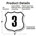 thumbnail image 2 of Number 3 6 inch X 6 inch Shield Shaped Commercial Grade Plastic Sign Weather Resistant Made in the USA, 2 of 6