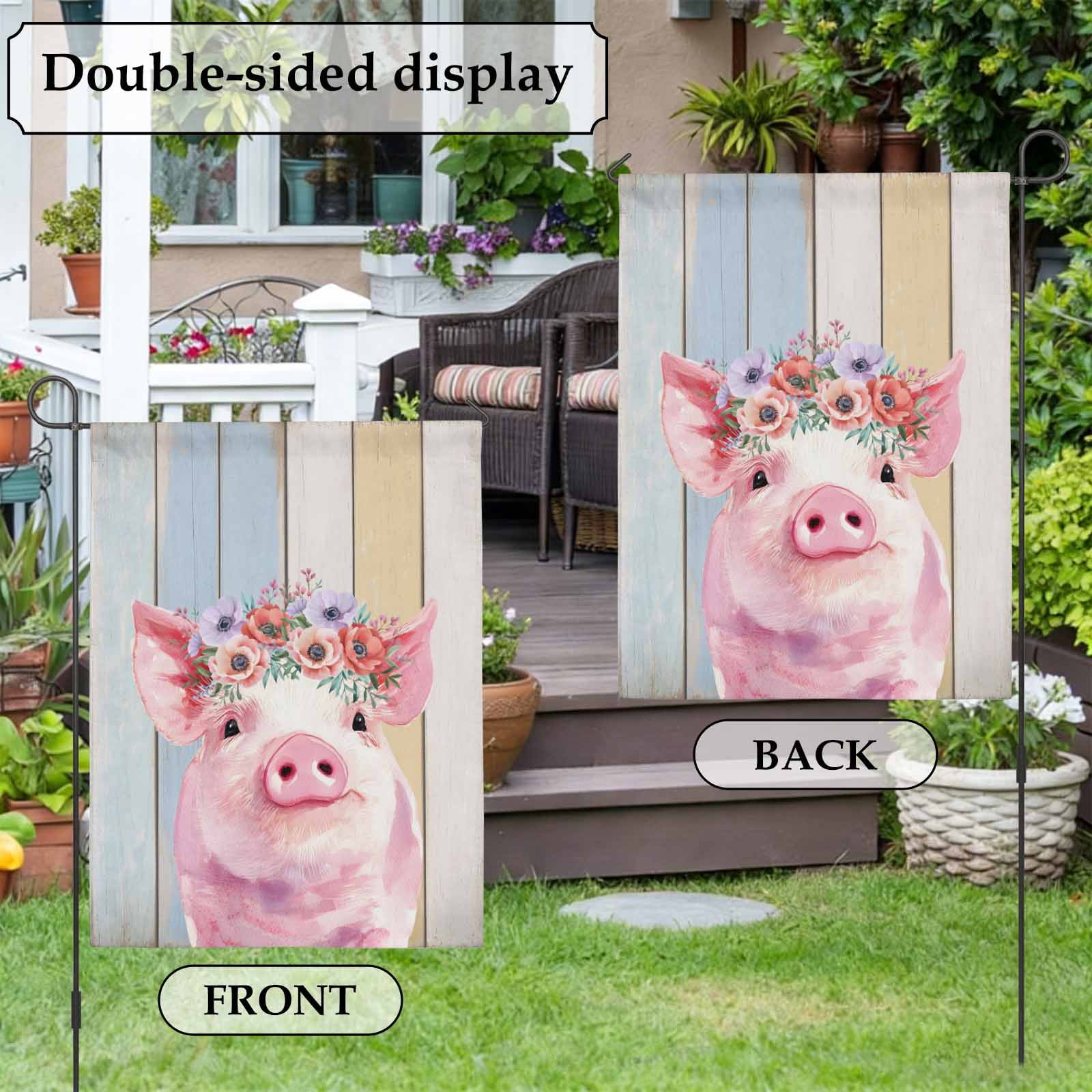Cute Pink Pig House Flag 28 x 40 Inches, Red Purple Flower Wooden Stripes Farms Animal Weather Proof Outdoor Patio Flags Double Sided Small House Decoration for Yard Lawn Outside Home