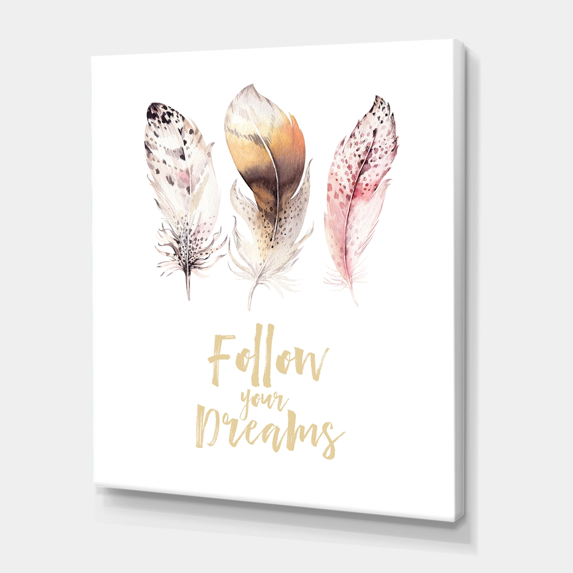 Designart ' Multicolored Boho Art Feathers Follow Your Dreams ' Bohemian & Eclectic Canvas Wall Art Print