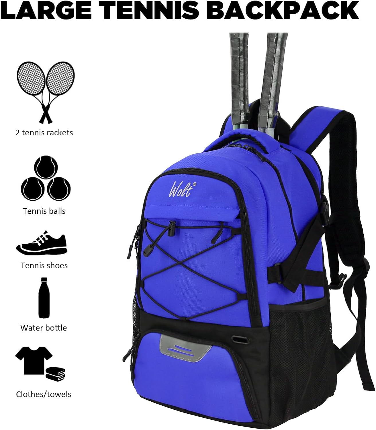 WOLT Pro Tennis Racquet Backpack 34L - 2 Racquet Holder & Ventilated Shoe Compartment Multifunctional Tennis Racket Bag Blue