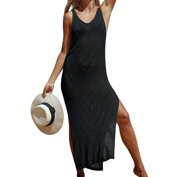 Womens Crochet Swimsuit Coverup Sleeveless Mesh Bathing Suit Cover Ups Split Maxi Beach Dress Black One size