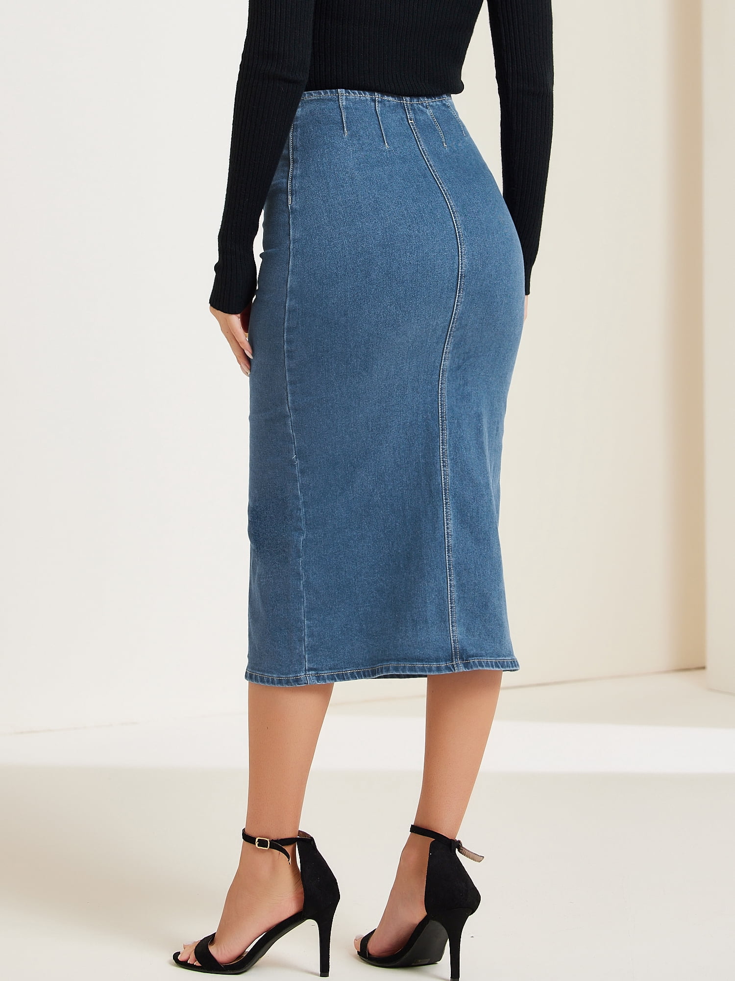 DARING DIVA Women's Denim Front Slit Zipper Bodycon Midi Jean Skirt L Blue