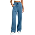 thumbnail image 2 of QIYAGBSA Pants for Women Side Stripe Wide Leg Drawstring Elastic Waist with Pockets Full Length Casual Athletic Pants (Blue S), 2 of 7